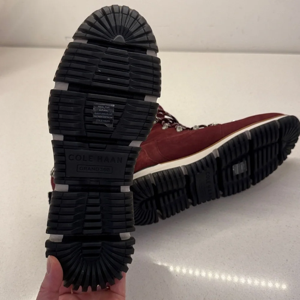 Cole Haan Burgundy Leather Real Fur Winter Boots Size 8 B New!